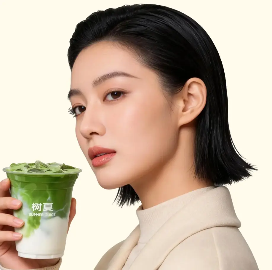 Model holding an iced matcha latte